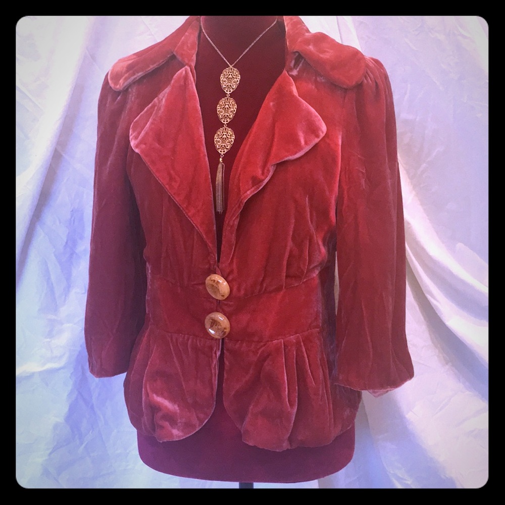 Orangish/red velvety jacket by Anthopologie